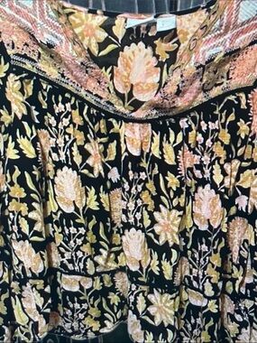 Rachel Zoe Black Floral Peasant Top with Pink and Gold Accents